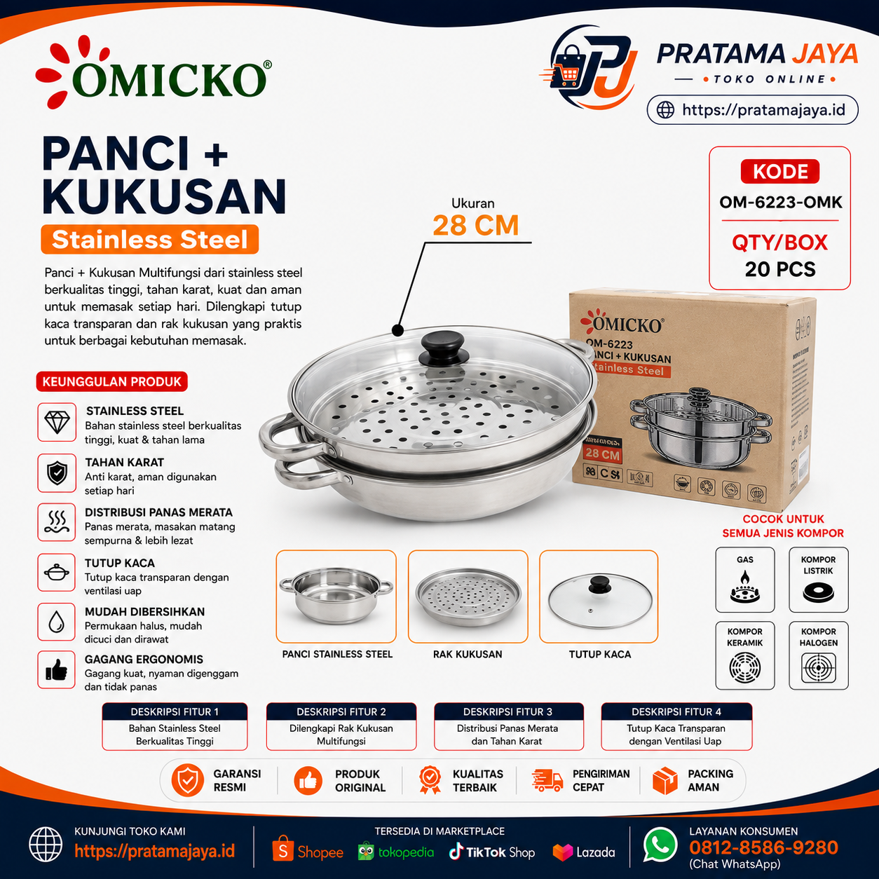 Omicko Panci Stainless + Kukusan 18" OM-6223